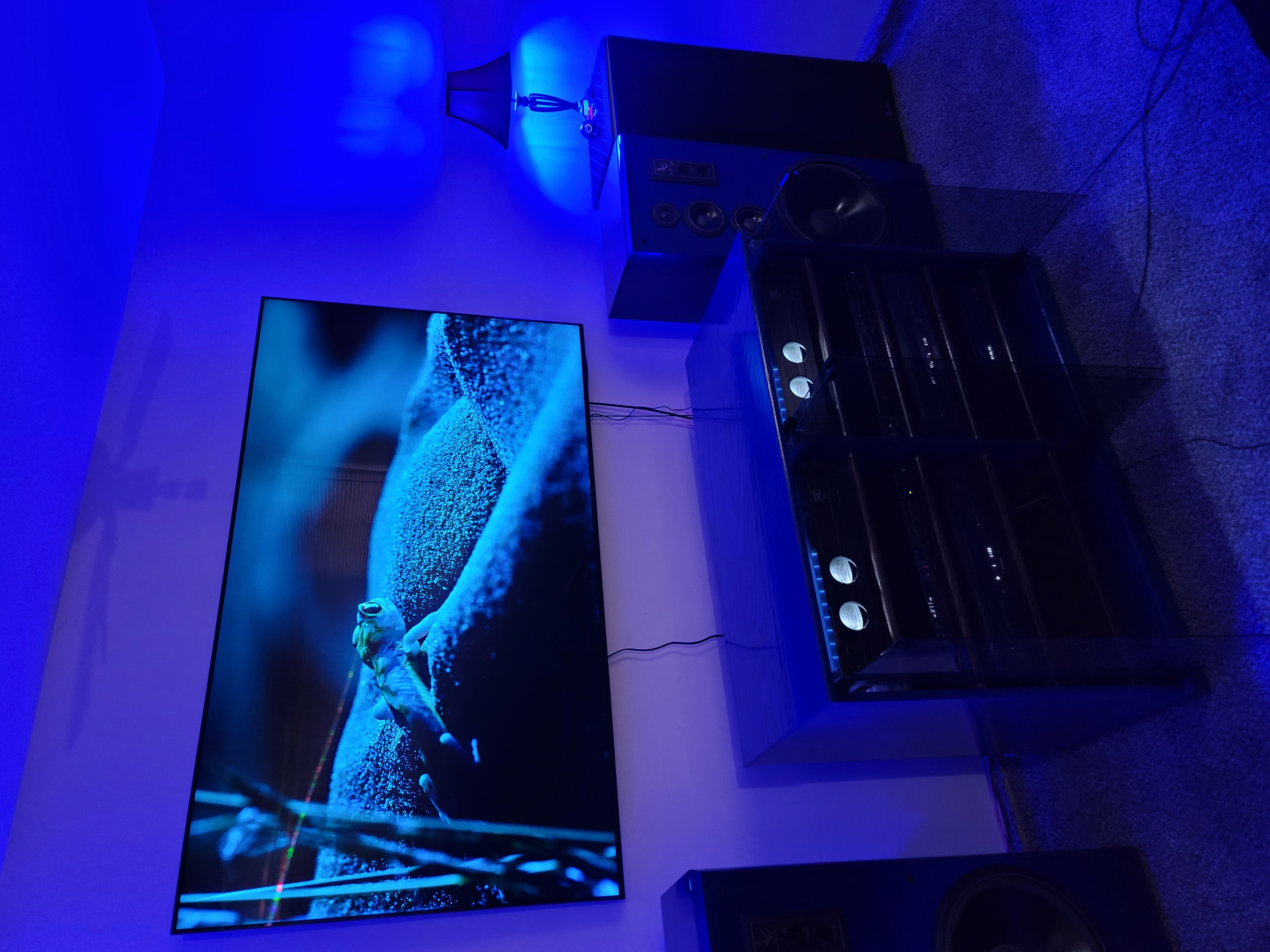 Blue double wide stereo cabinet with blue lighting. Striking!