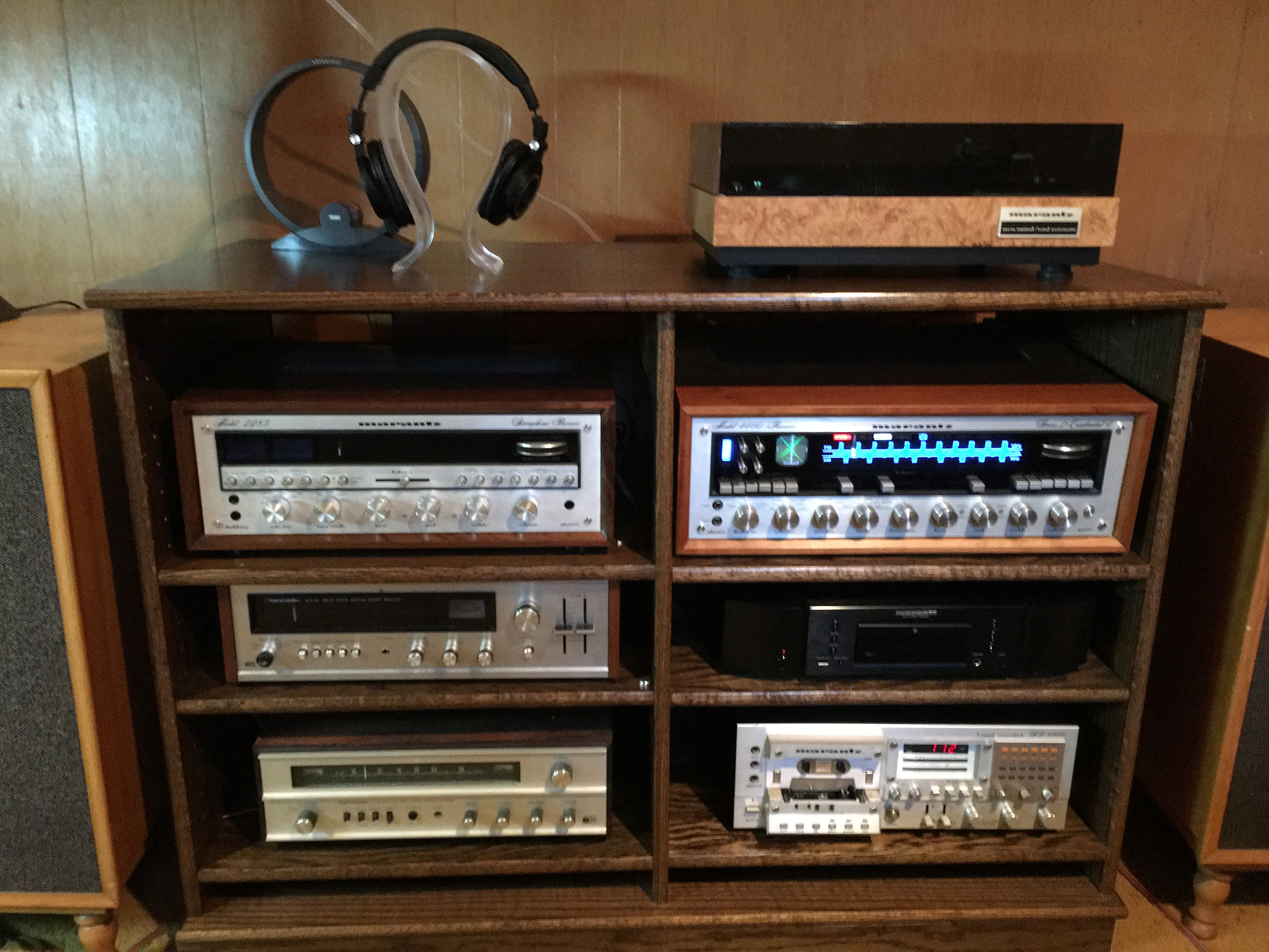 33 inch high double wide stereo cabinet full of vintage Marantz components finished in Minwax English chestnut on oak.