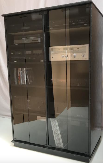 SC4560 double wide with gray glass doors in black on oak