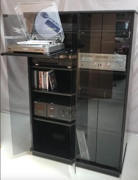 SC4560 double wide with gray glass doors in black on oak. Shown with optional adjustable slide shelf.