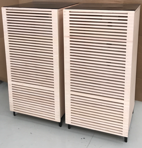 Slat doors stereo cabinet pair in maple with black glass top and custom legs