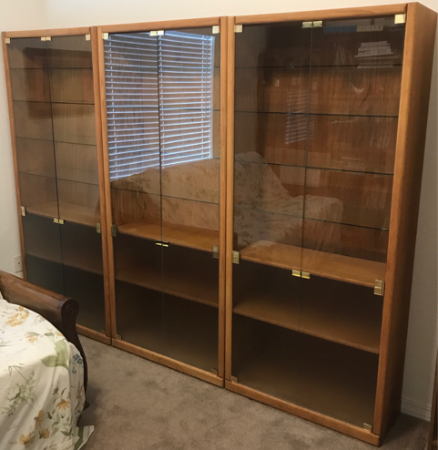 Three BC1372 with clear glass doors and shelves. Lower doors are frosted glass. Shown in Golden oak finish. 